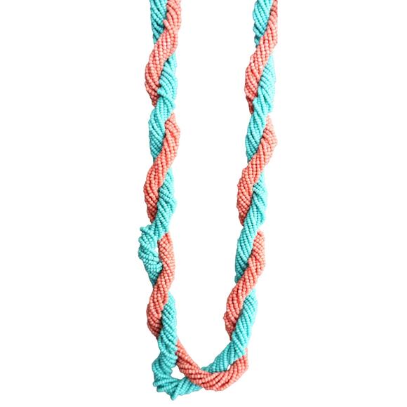 Vintage Jewelry - Vintage Turquoise Coral Seed Bead Torsade Twist Straight Necklace Southwest Boho